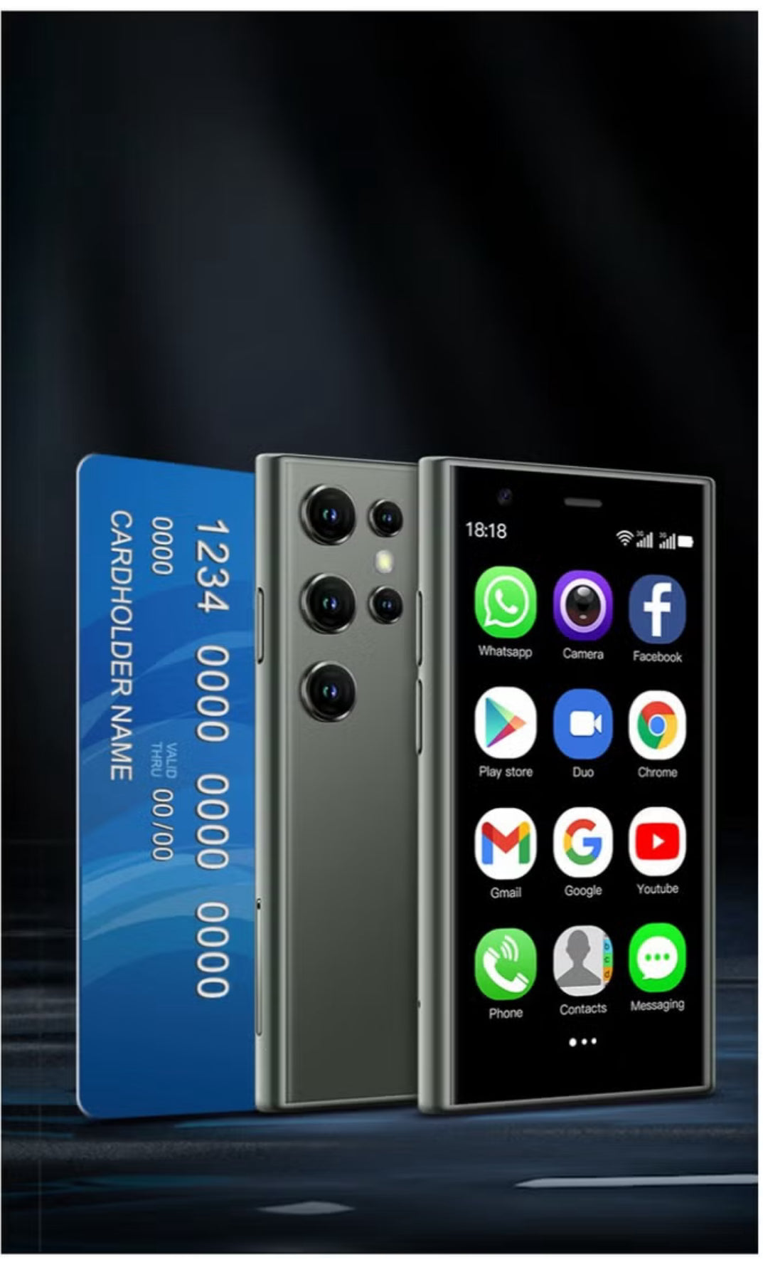 111 S25 Ultra thin Android 8.1 mobile device featuring a 3G Mini Smartphone with a compact 3 inch 3D glass display Dual SIM 2GB RAM 16GB ROM and a 1000mAh battery touted as the world's smallest backup phone.